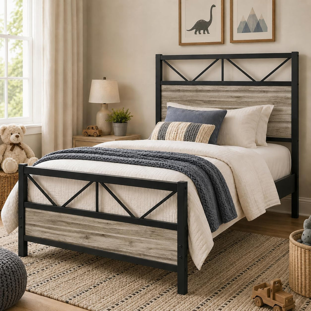 Wash Grey Twin Size Bed Frame with Tall Headboard M44472