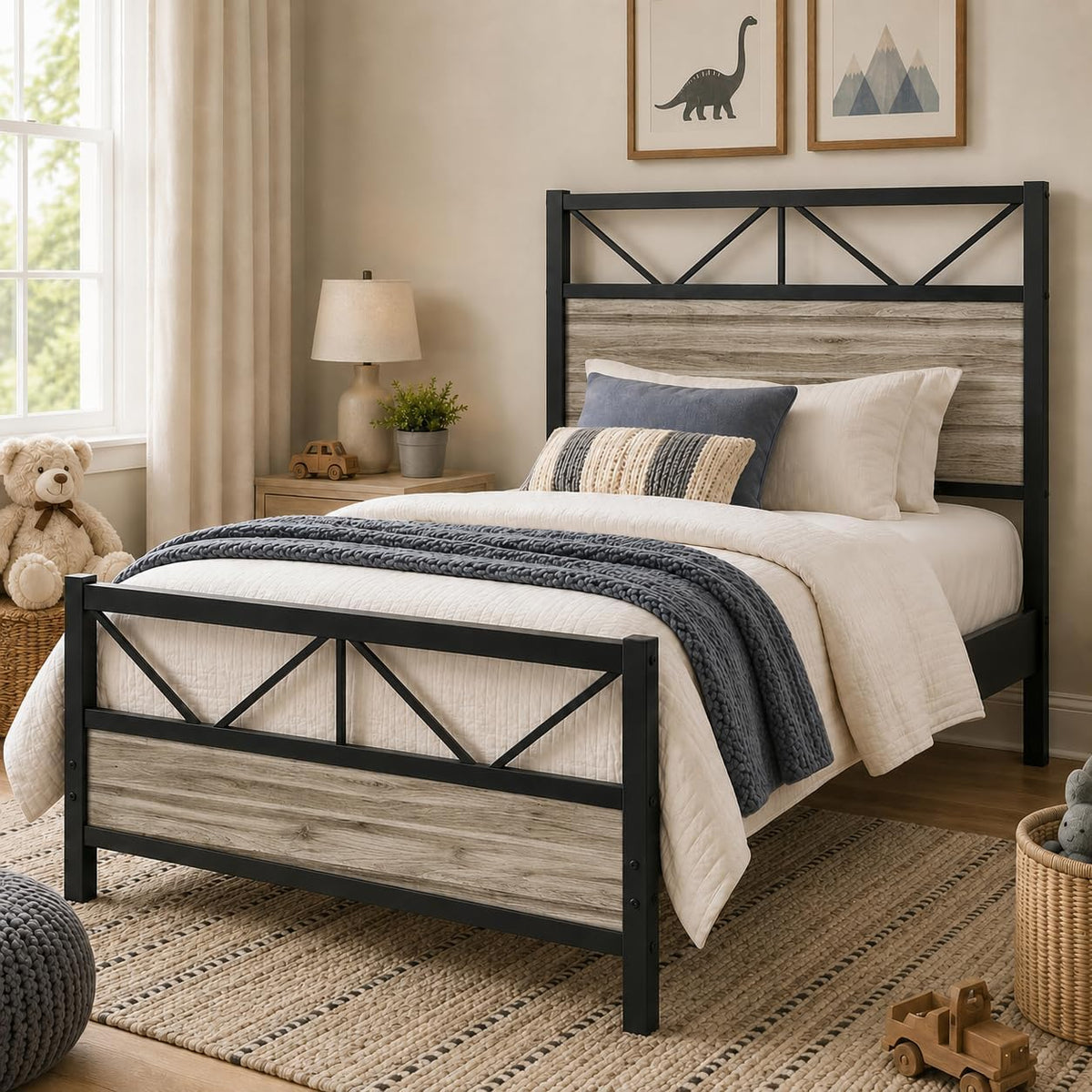 Wash Grey Twin Size Bed Frame with Tall Headboard M44472