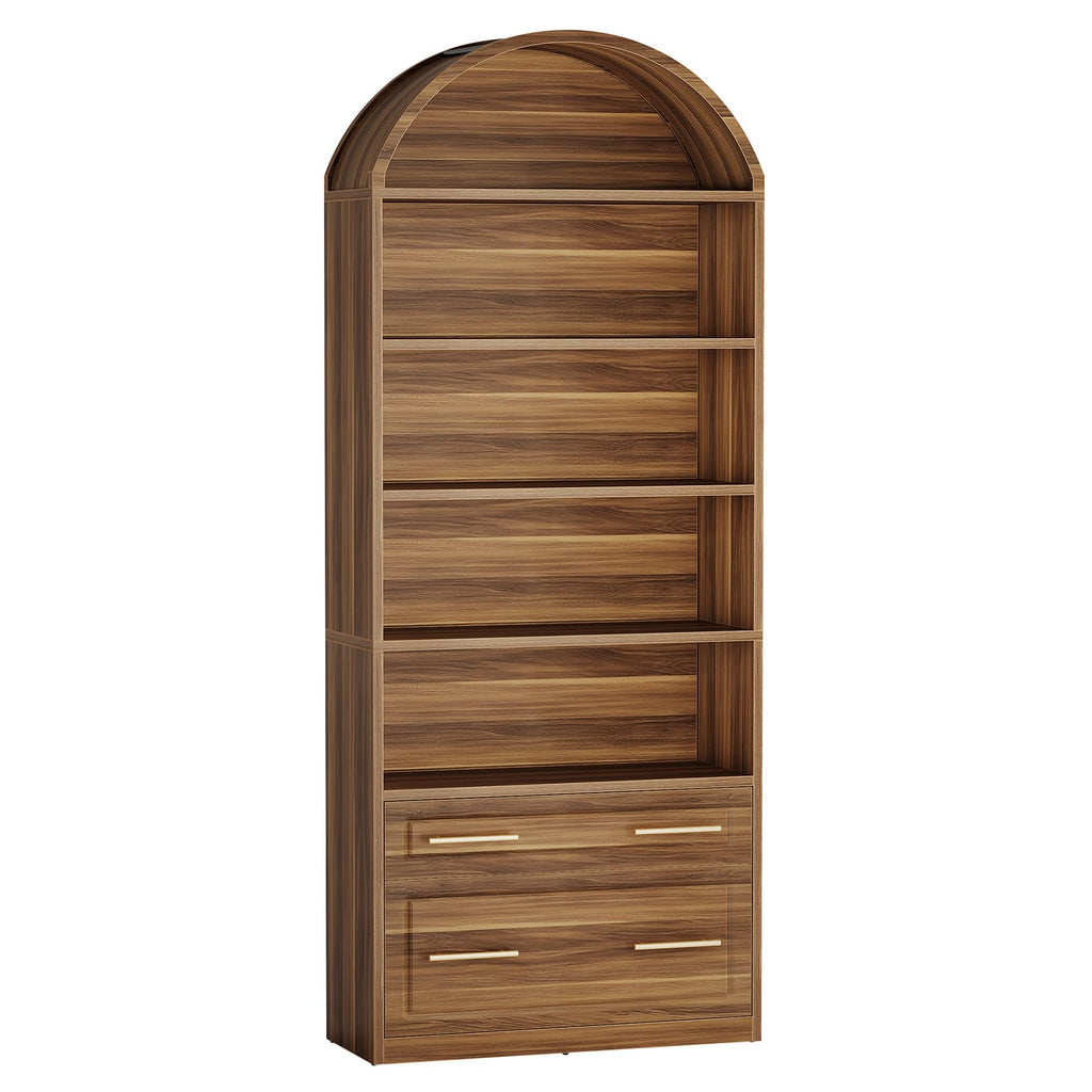76.8" Tall Arched Bookcase with File Cabinet Drawer, Walnut Brown Y6349