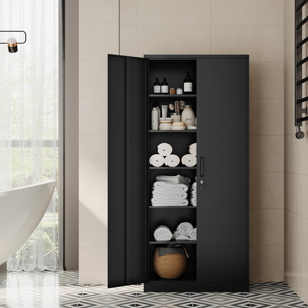 71” Tall Black Steel Storage Cabinet with Lockable Doors and Adjustable Shelves H85735