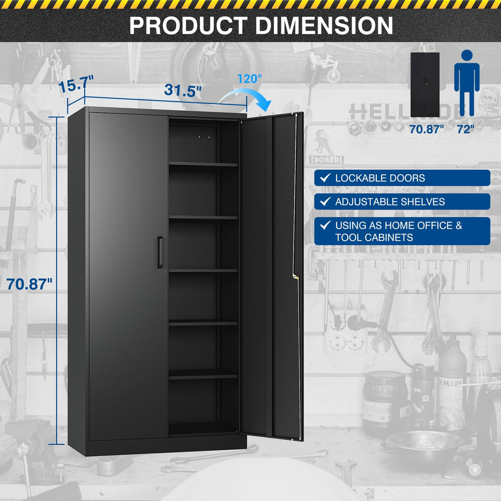 71” Tall Black Steel Storage Cabinet with Lockable Doors and Adjustable Shelves H85735