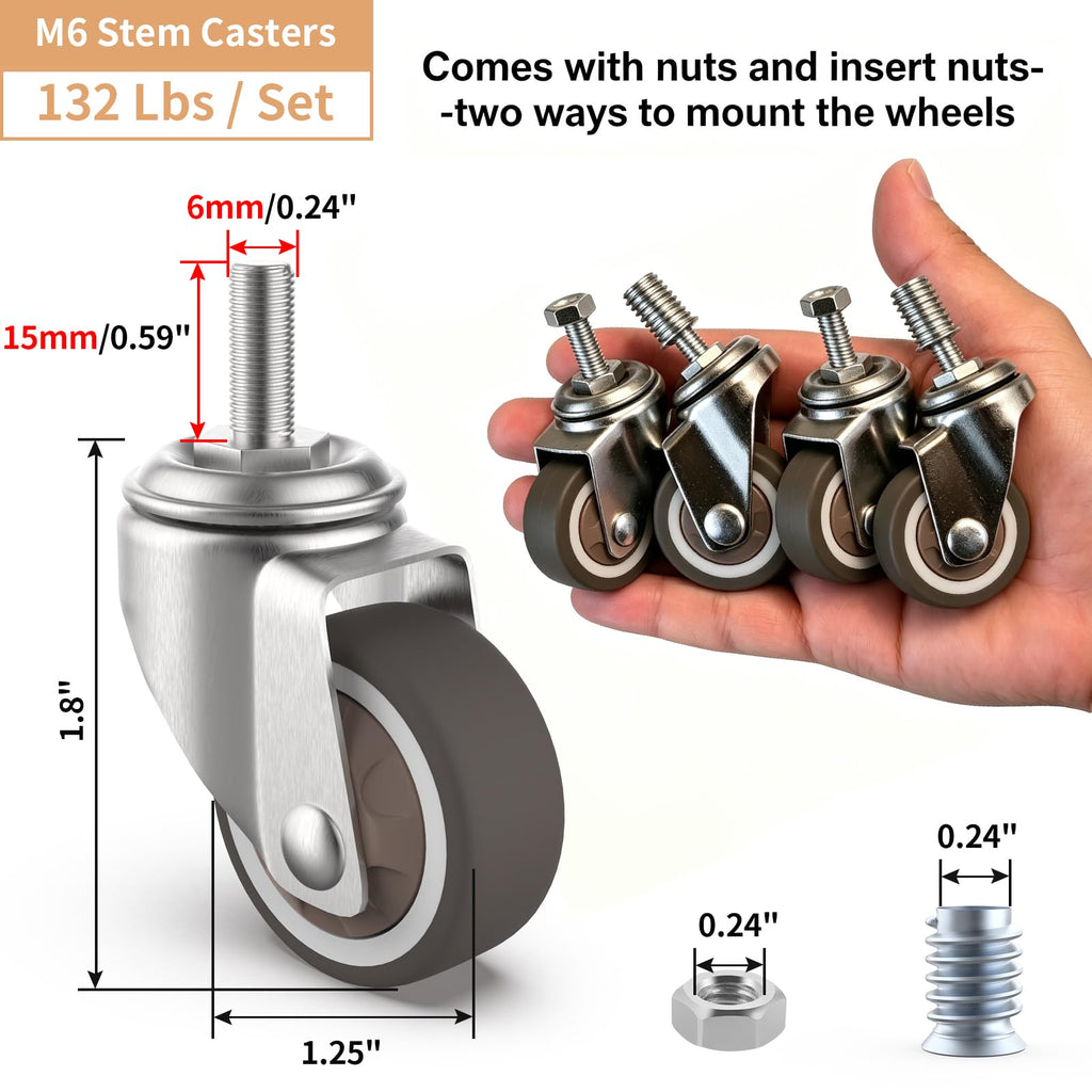 1.25" M6 Swivel Casters, 4 Pcs G600333
