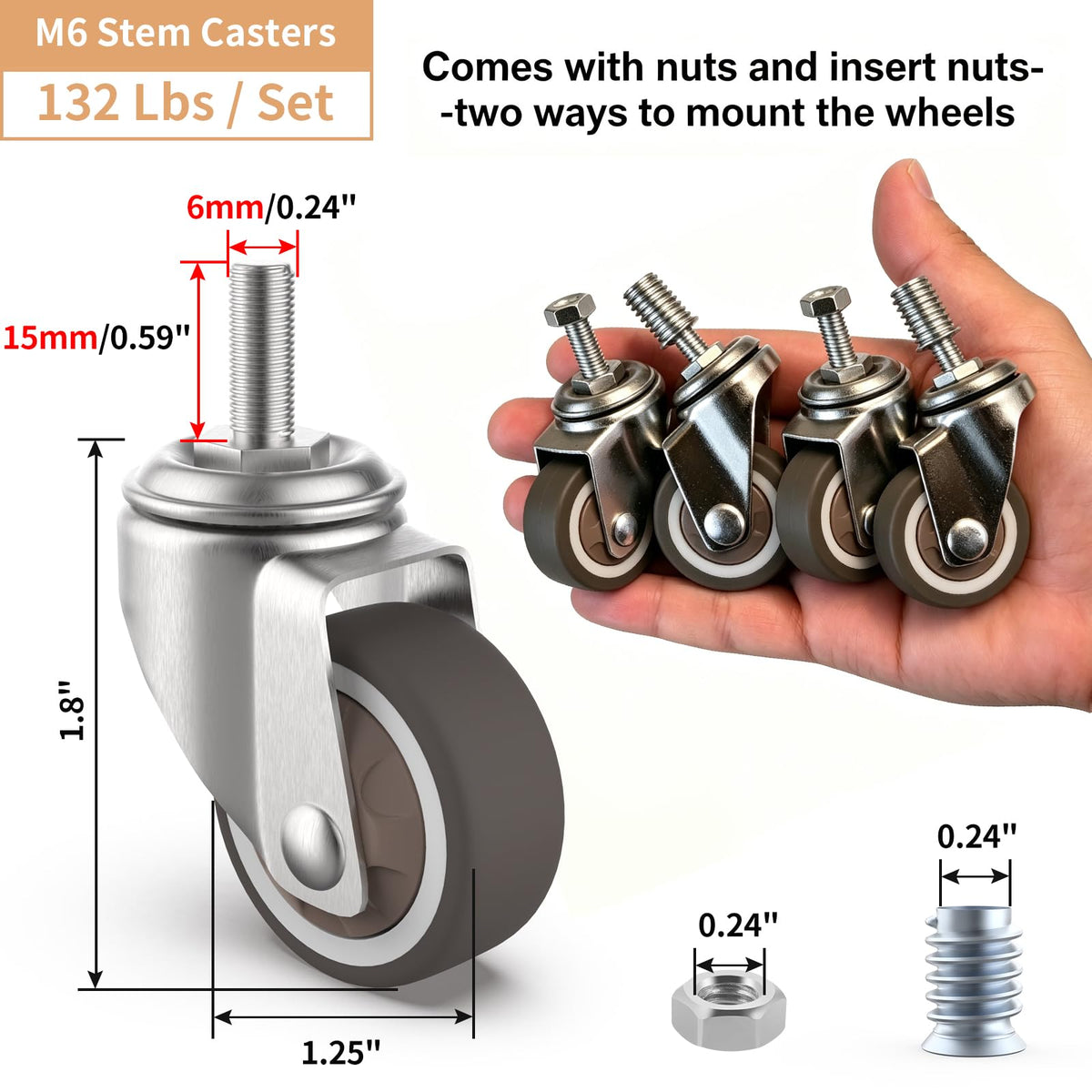 1.25" M6 Swivel Casters, 4 Pcs G600333