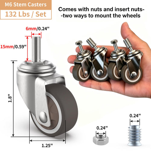 1.25" M6 Swivel Casters, 4 Pcs G600333