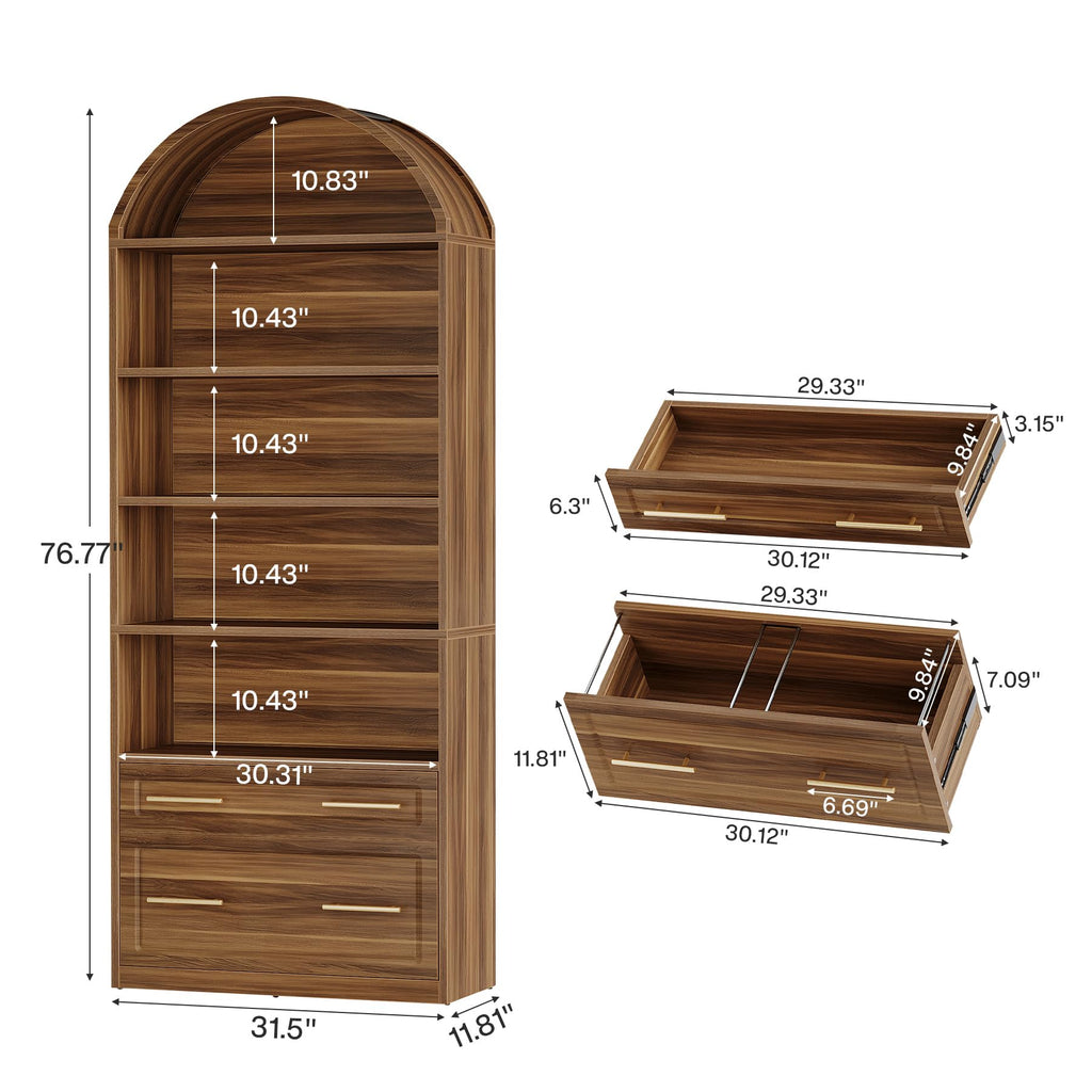 76.8" Tall Arched Bookcase with File Cabinet Drawer, Walnut Brown Y6349