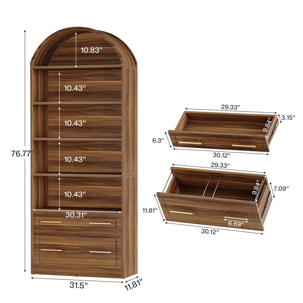 76.8" Tall Arched Bookcase with File Cabinet Drawer, Walnut Brown Y6349