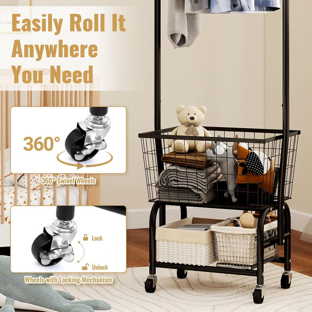 Black Rolling Laundry Cart with Hanging Rack A862498