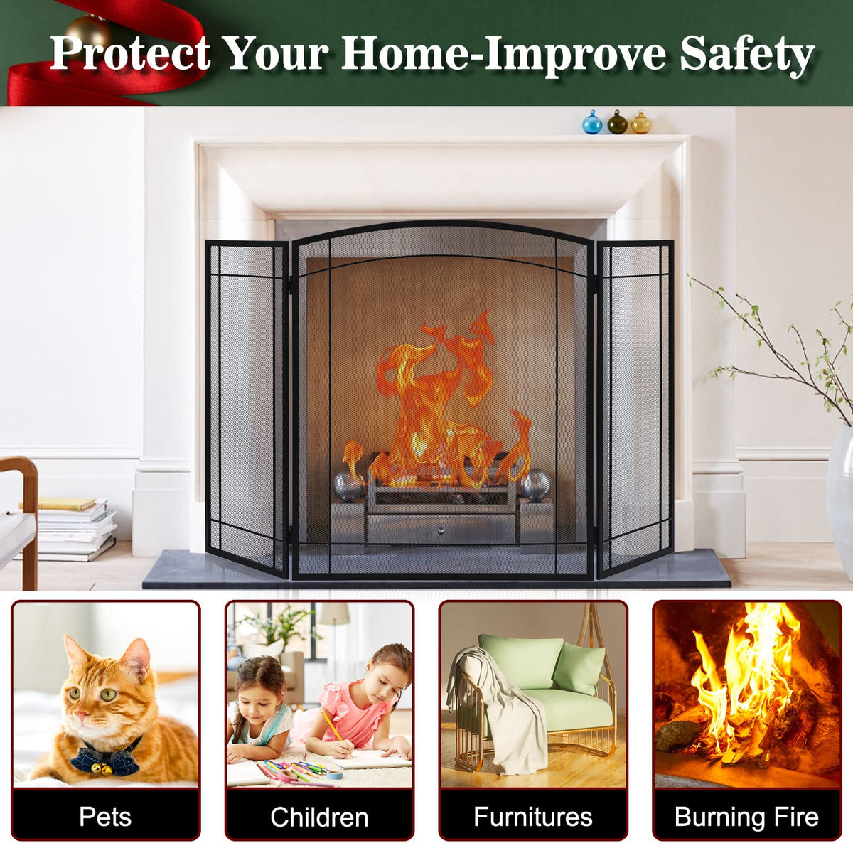 3 Panel 48" W x 29" H Foldable Wrought Metal Decorative Mesh Fireplace Screen T8040