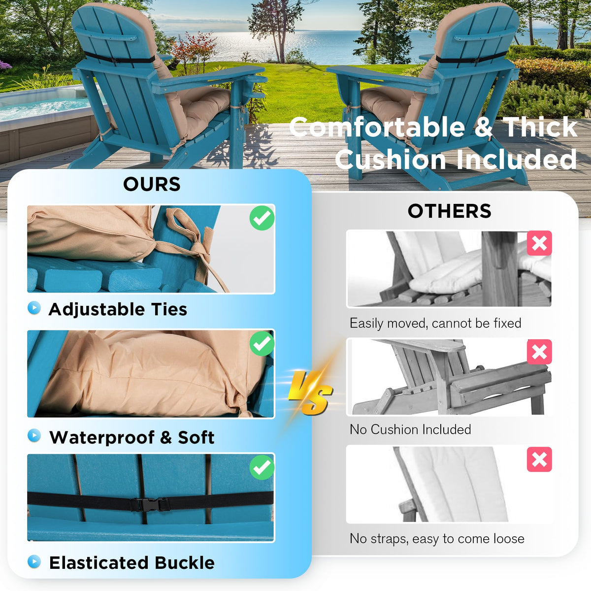 Folding Adirondack Chairs Set of 2 with Cushion, Blue HDPE Plastic Oversized Patio Chair Z42744