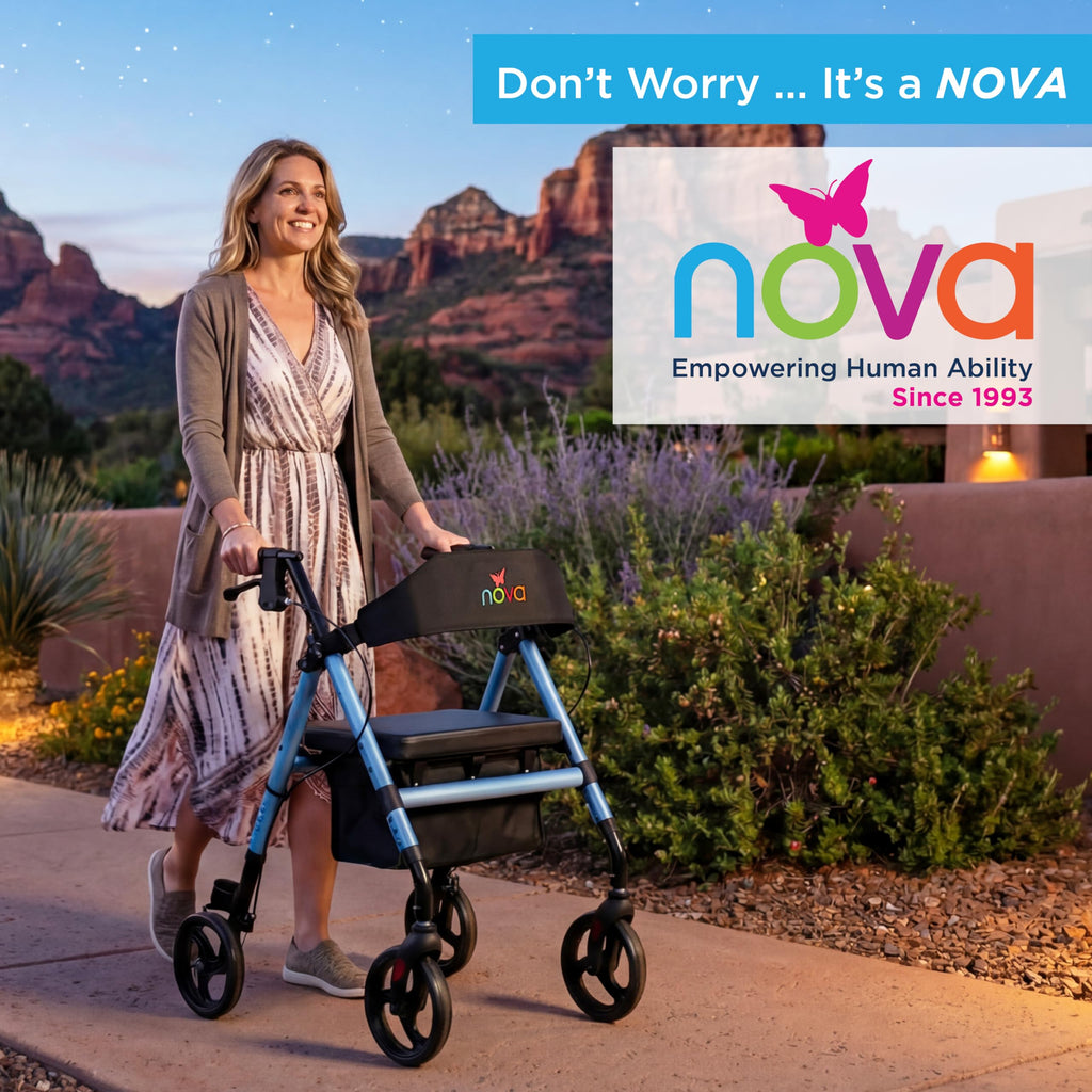 Lightweight Folding Rollator Walker with 8” Wheels, Adjustable Height, Hand Brakes, Padded Seat & Backrest, Red J787578