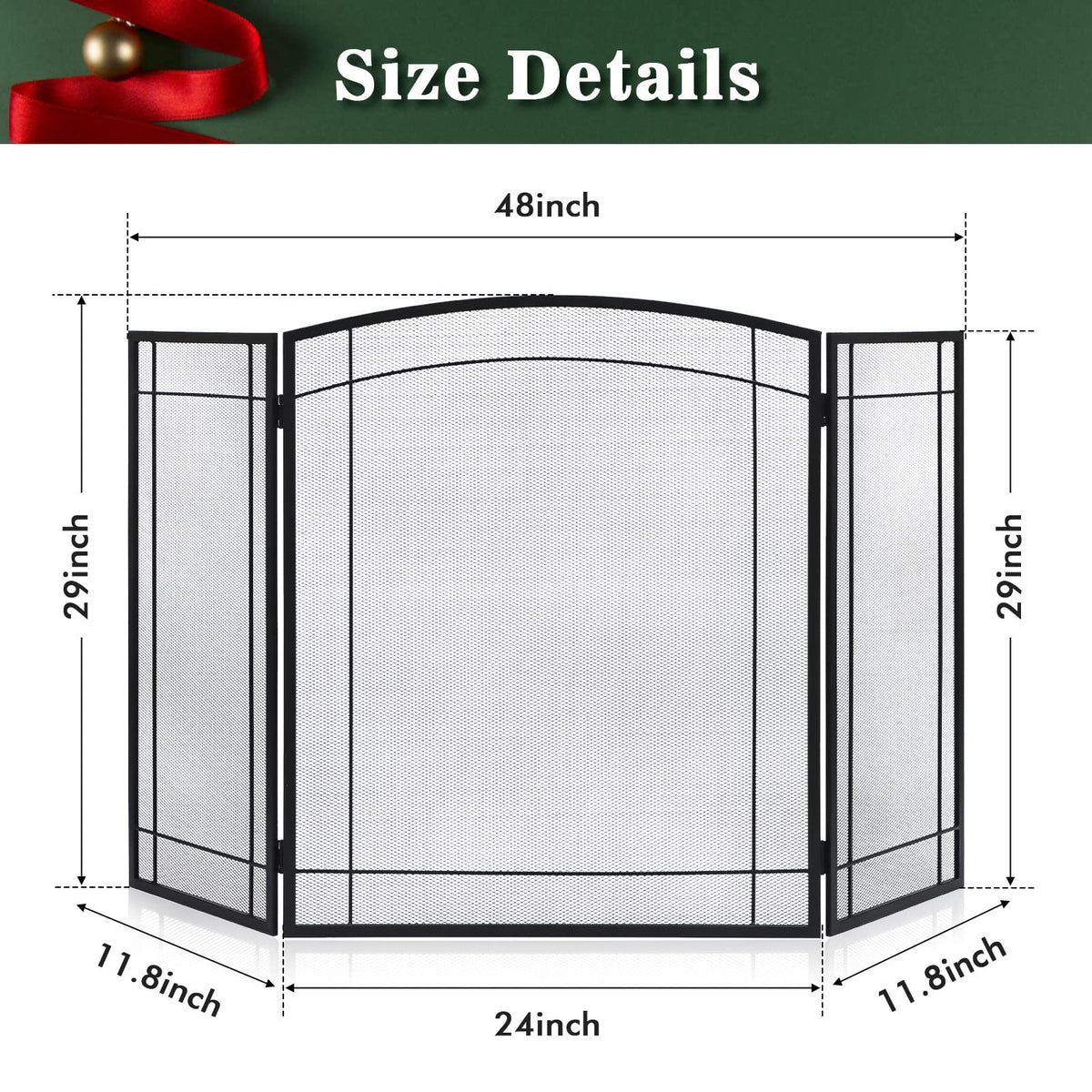3 Panel 48" W x 29" H Foldable Wrought Metal Decorative Mesh Fireplace Screen T8040