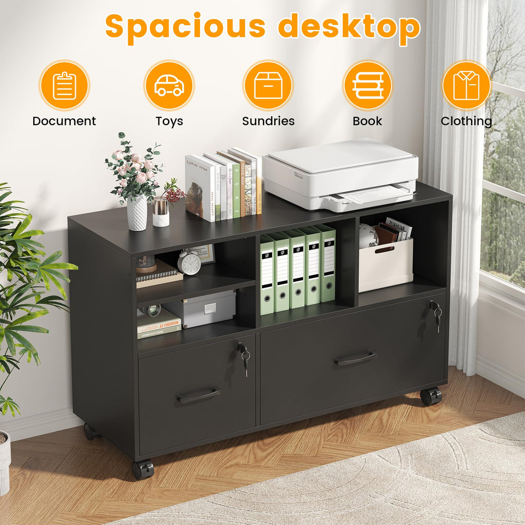 2 Drawer Wood Mobile Lateral File Cabinet with Storage Shelves, Black G8038
