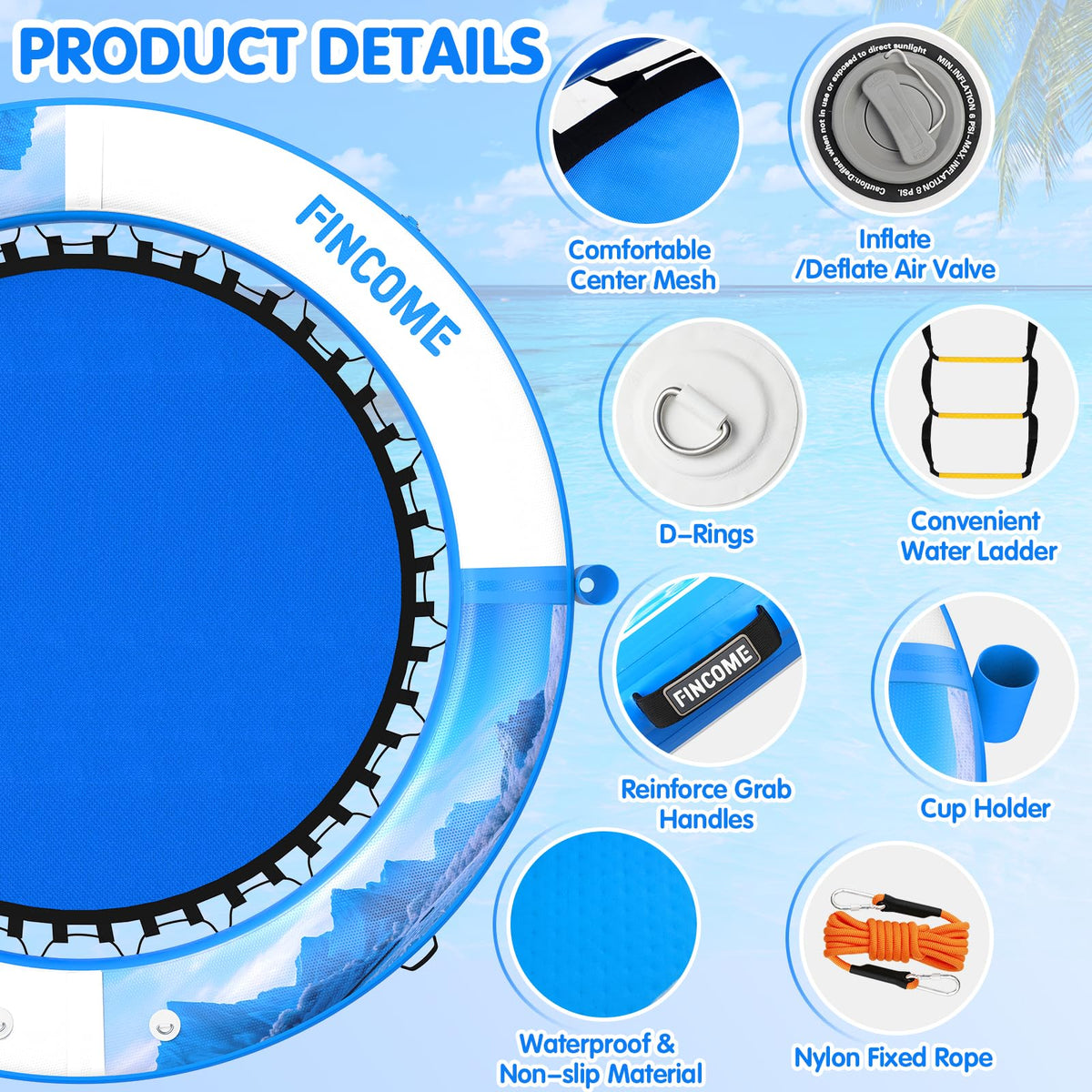 Inflatable Water Hammock Floating Dock 8FT Round with Water Ladder and Cup Holder Light Blue V595442