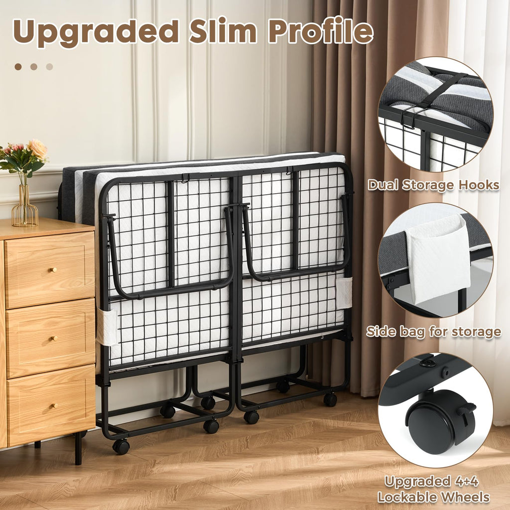 Folding Rollaway Guest Bed with 8 Casters and 6" Memory Foam Mattress T177466