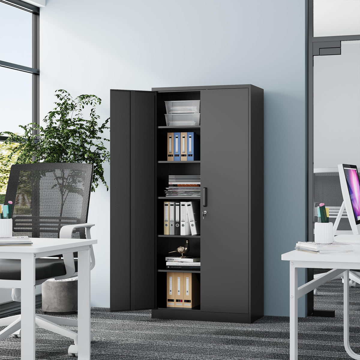 71” Tall Black Steel Storage Cabinet with Lockable Doors and Adjustable Shelves H85735