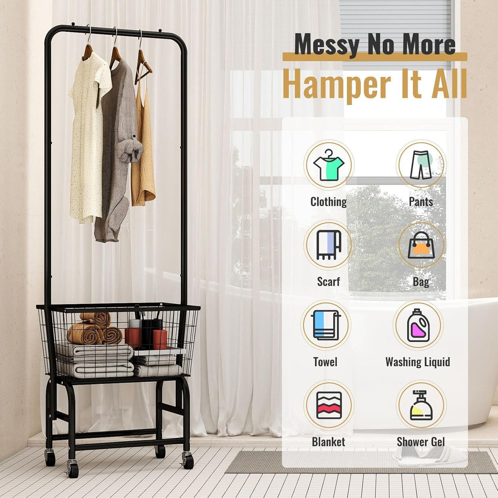 Black Rolling Laundry Cart with Hanging Rack A862498
