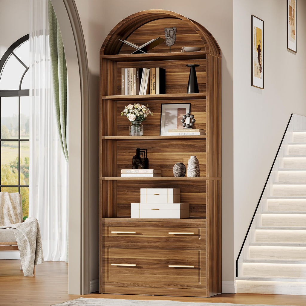 76.8" Tall Arched Bookcase with File Cabinet Drawer, Walnut Brown Y6349