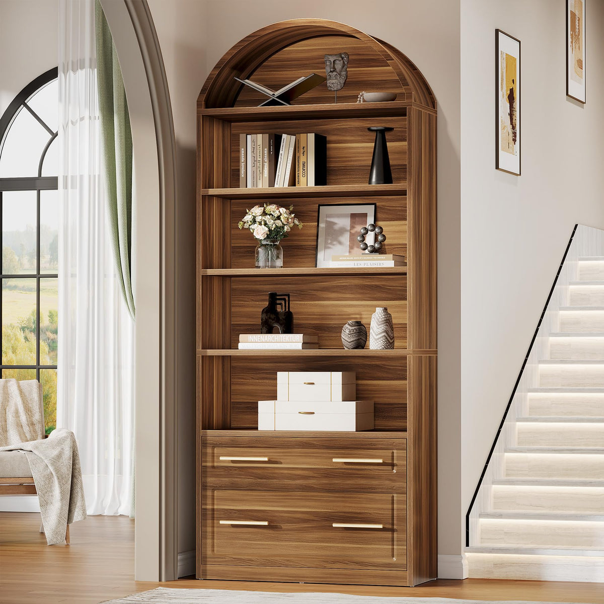 76.8" Tall Arched Bookcase with File Cabinet Drawer, Walnut Brown Y6349
