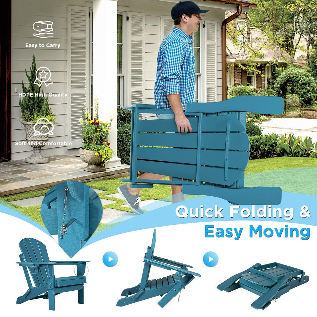 Folding Adirondack Chairs Set of 2 with Cushion, Blue HDPE Plastic Oversized Patio Chair Z42744