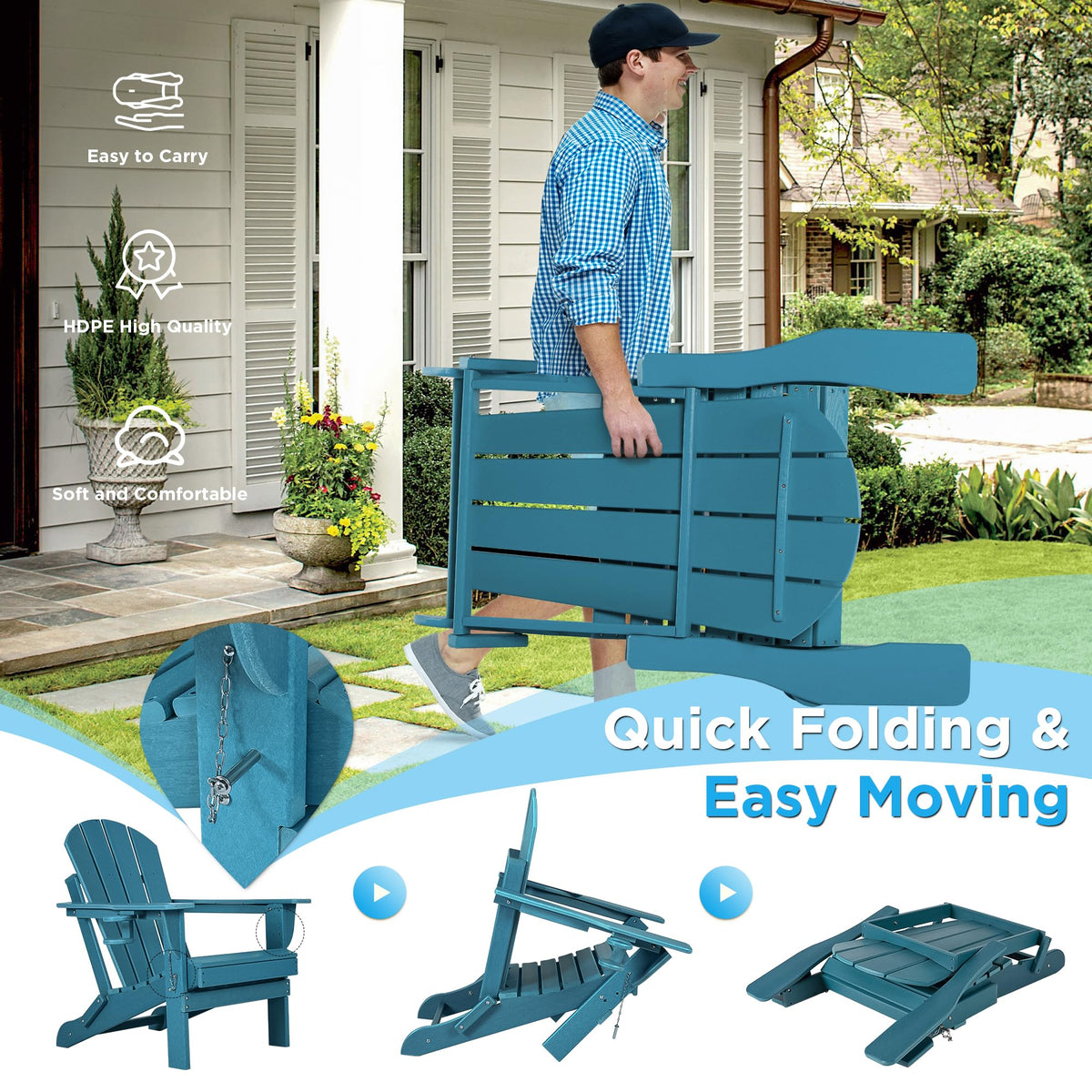 Folding Adirondack Chairs Set of 2 with Cushion, Blue HDPE Plastic Oversized Patio Chair Z42744