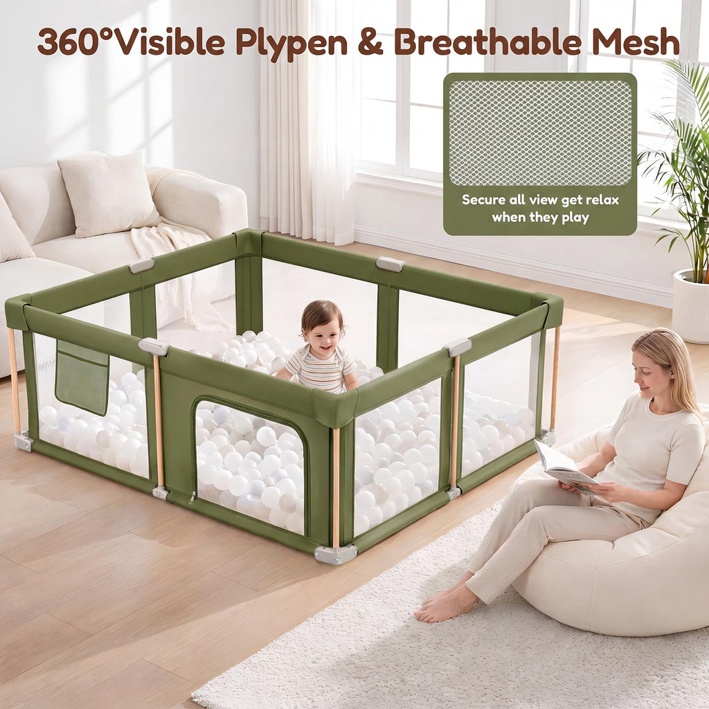 Foldable Baby Playpen with Mat, Breathable Mesh Green 71"×59" P381515