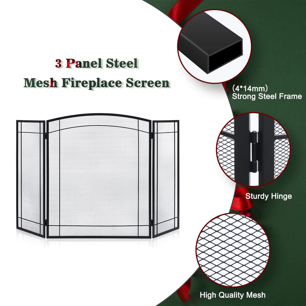 3 Panel 48" W x 29" H Foldable Wrought Metal Decorative Mesh Fireplace Screen T8040