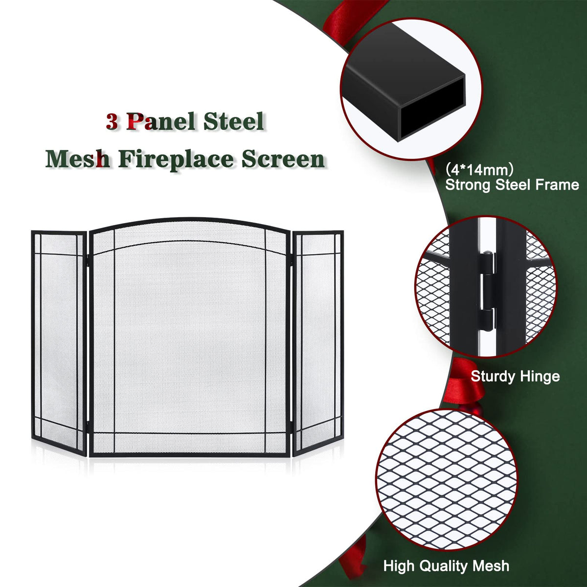 3 Panel 48" W x 29" H Foldable Wrought Metal Decorative Mesh Fireplace Screen T8040