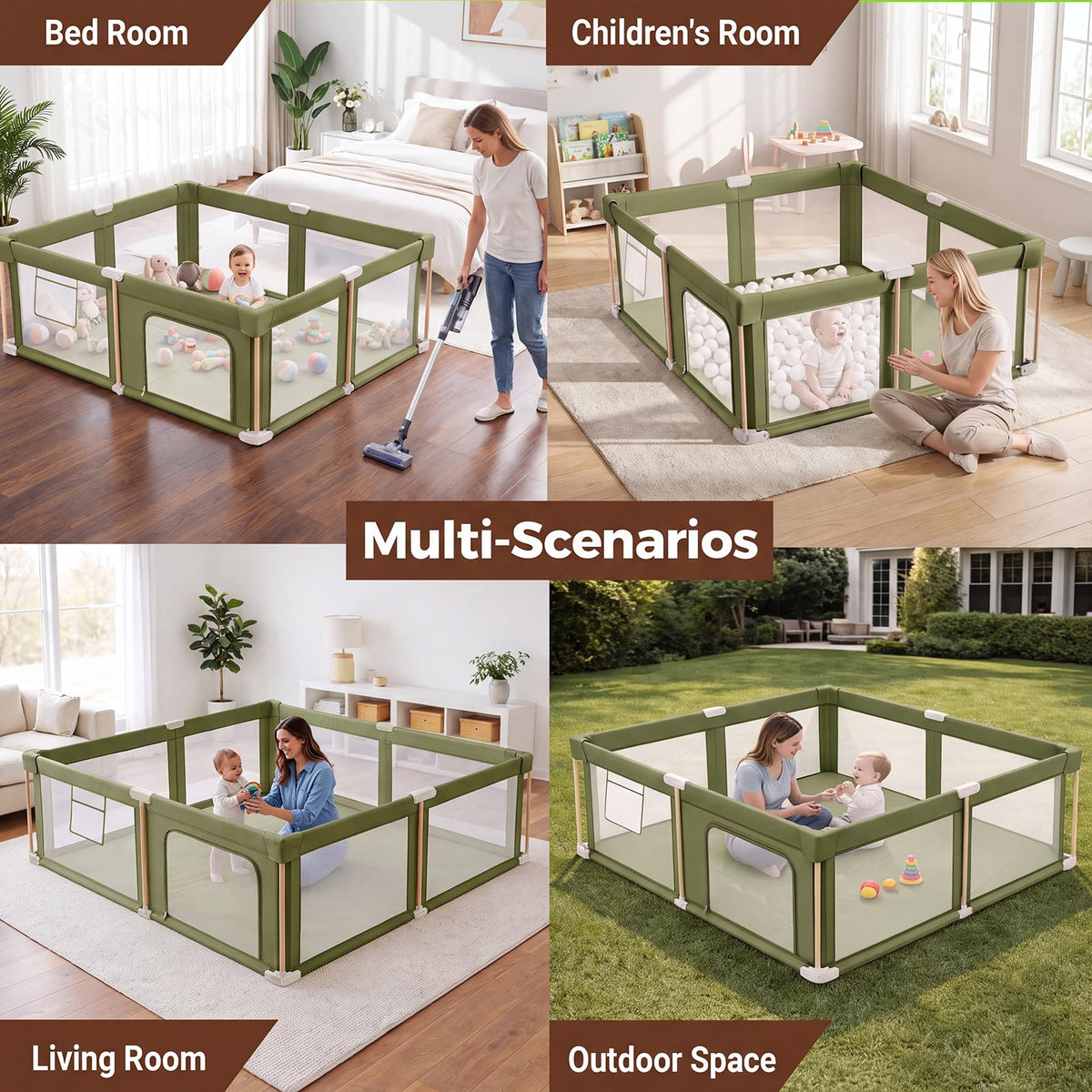 Foldable Baby Playpen with Mat, Breathable Mesh Green 71"×59" P381515
