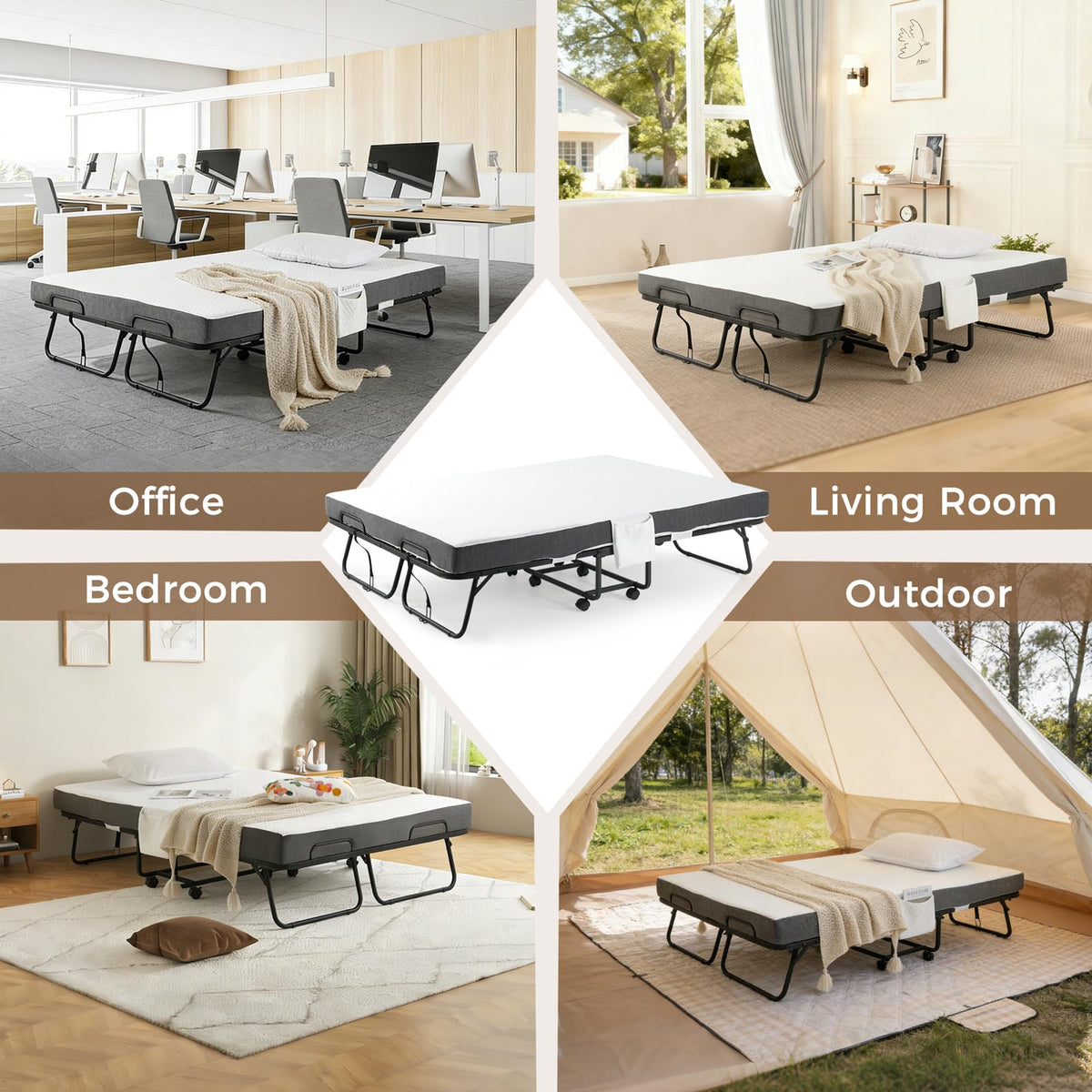 Folding Rollaway Guest Bed with 8 Casters and 6" Memory Foam Mattress T177466
