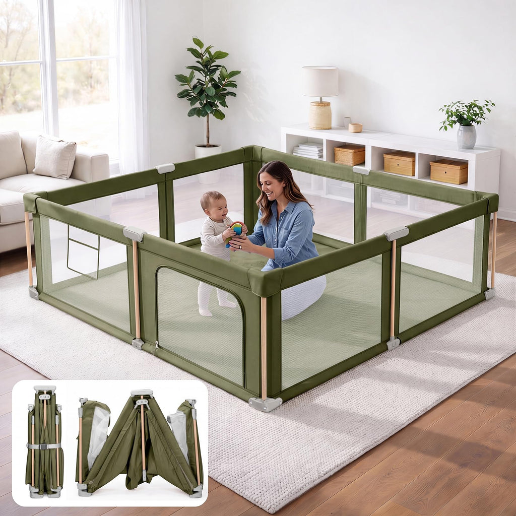 Foldable Baby Playpen with Mat, Breathable Mesh Green 71"×59" P381515
