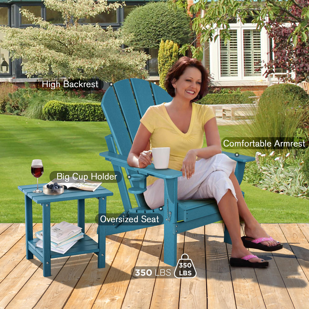 Folding Adirondack Chairs Set of 2 with Cushion, Blue HDPE Plastic Oversized Patio Chair Z42744