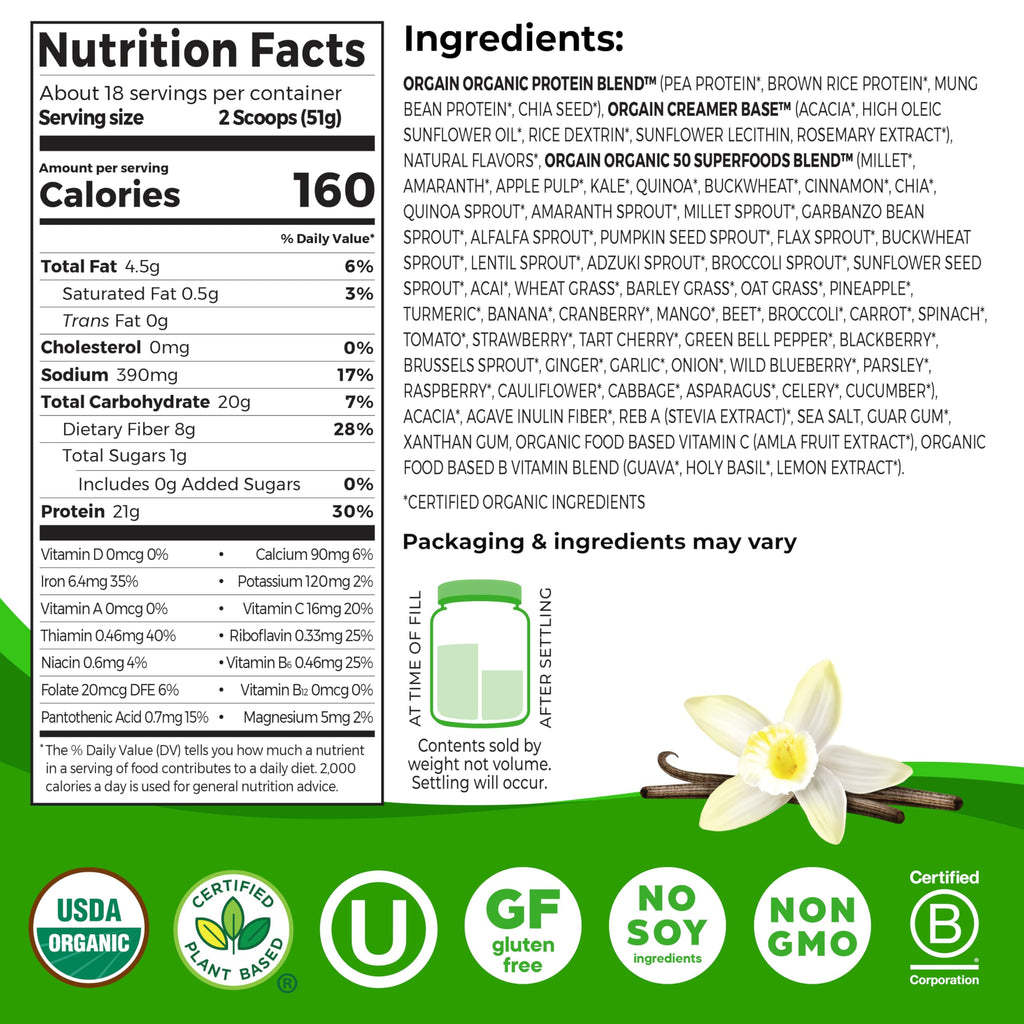 Organic Vegan 21g Protein Superfoods Powder Vanilla Bean 2.02lb D856011