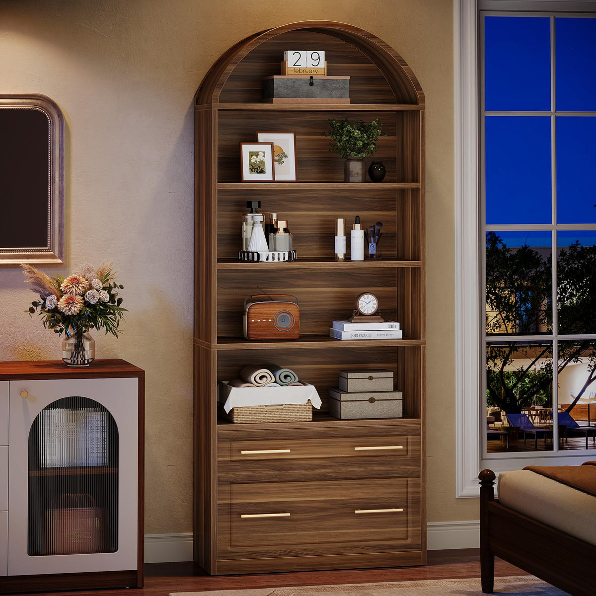 76.8" Tall Arched Bookcase with File Cabinet Drawer, Walnut Brown Y6349