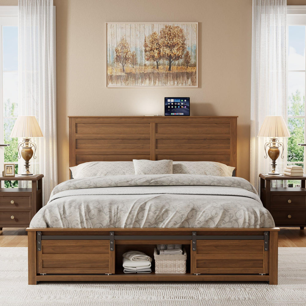 Queen Size Wooden Bed Frame with Headboard and Storage Footboard D10431