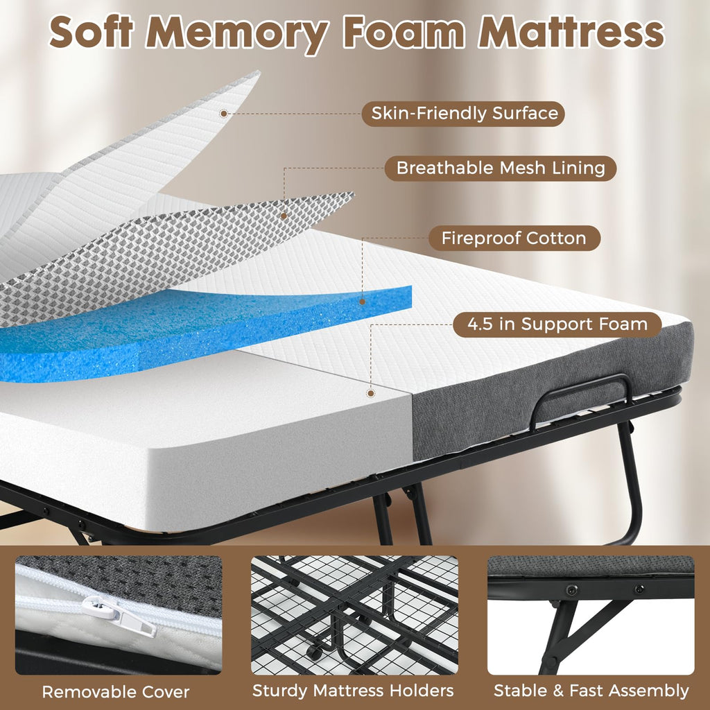 Folding Rollaway Guest Bed with 8 Casters and 6" Memory Foam Mattress T177466