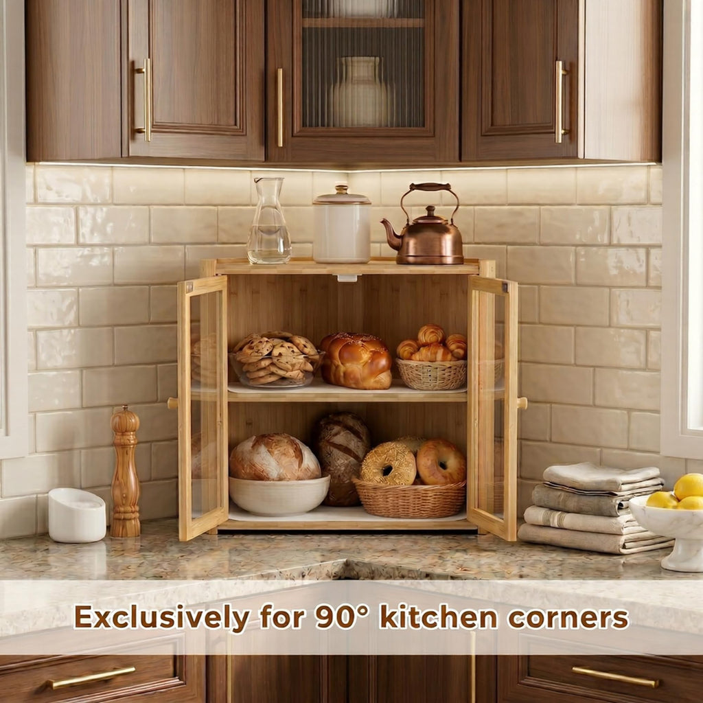 Double Layer Bamboo Bread Box with Clear Windows and Double Doors X243