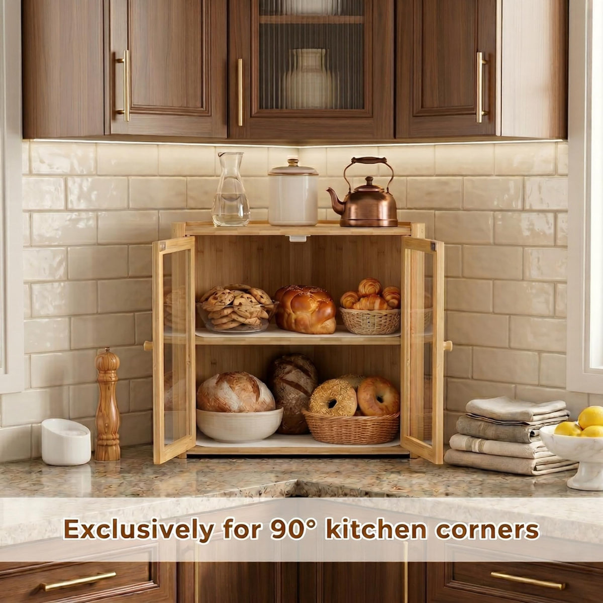 Double Layer Bamboo Bread Box with Clear Windows and Double Doors X243