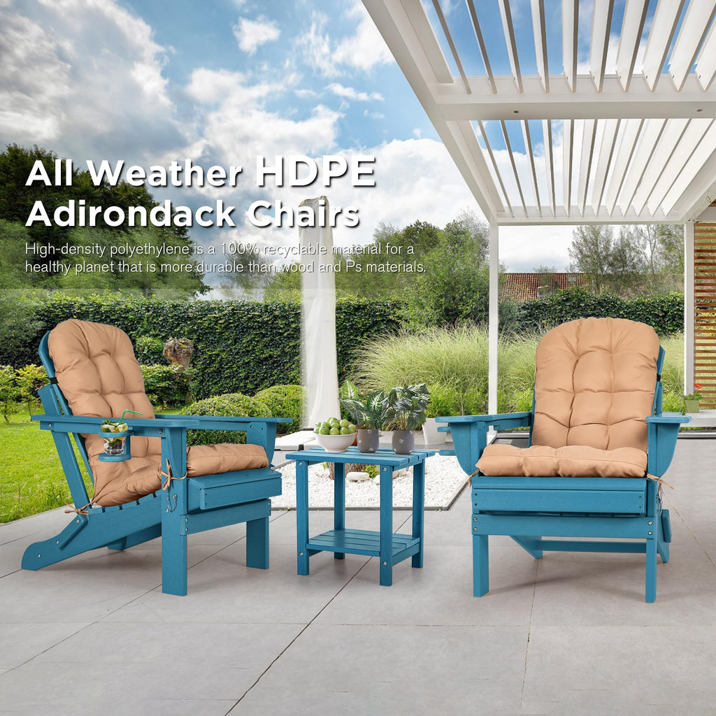 Folding Adirondack Chairs Set of 2 with Cushion, Blue HDPE Plastic Oversized Patio Chair Z42744
