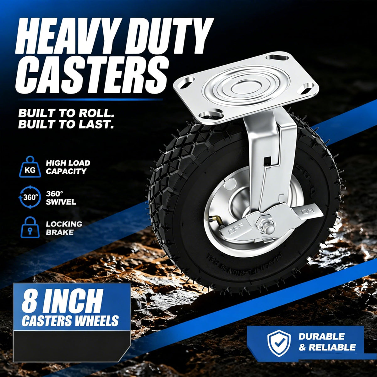 8 Inch Heavy Duty Pneumatic Caster Wheels with Brake, 1000 lbs Capacity, Set of 4 T31112