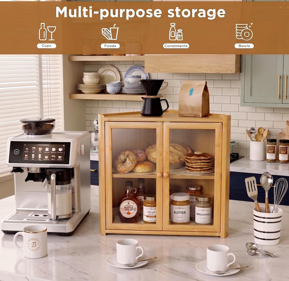 Double Layer Bamboo Bread Box with Clear Windows and Double Doors X243