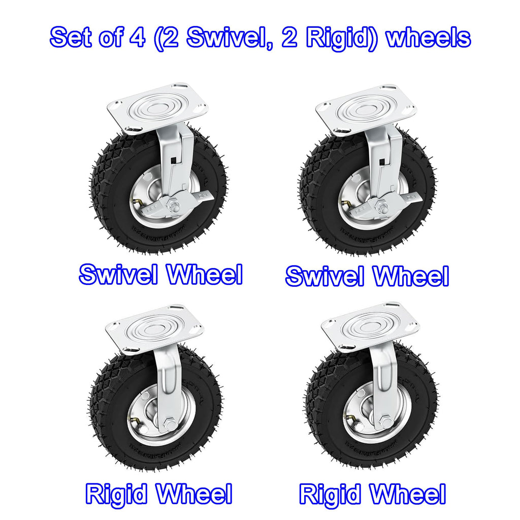 8 Inch Heavy Duty Pneumatic Caster Wheels with Brake, 1000 lbs Capacity, Set of 4 T31112