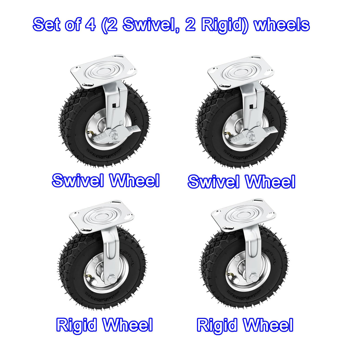 8 Inch Heavy Duty Pneumatic Caster Wheels with Brake, 1000 lbs Capacity, Set of 4 T31112