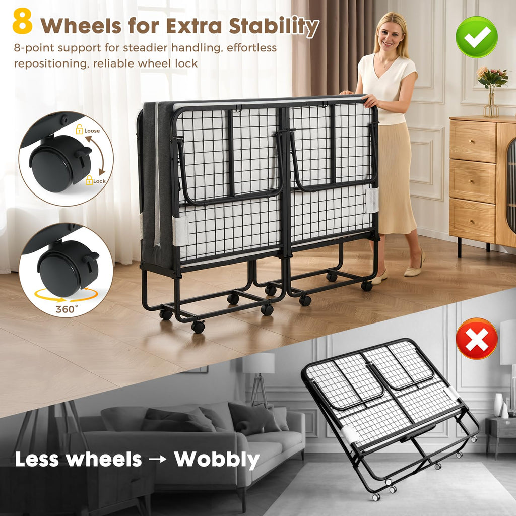 Folding Rollaway Guest Bed with 8 Casters and 6" Memory Foam Mattress T177466