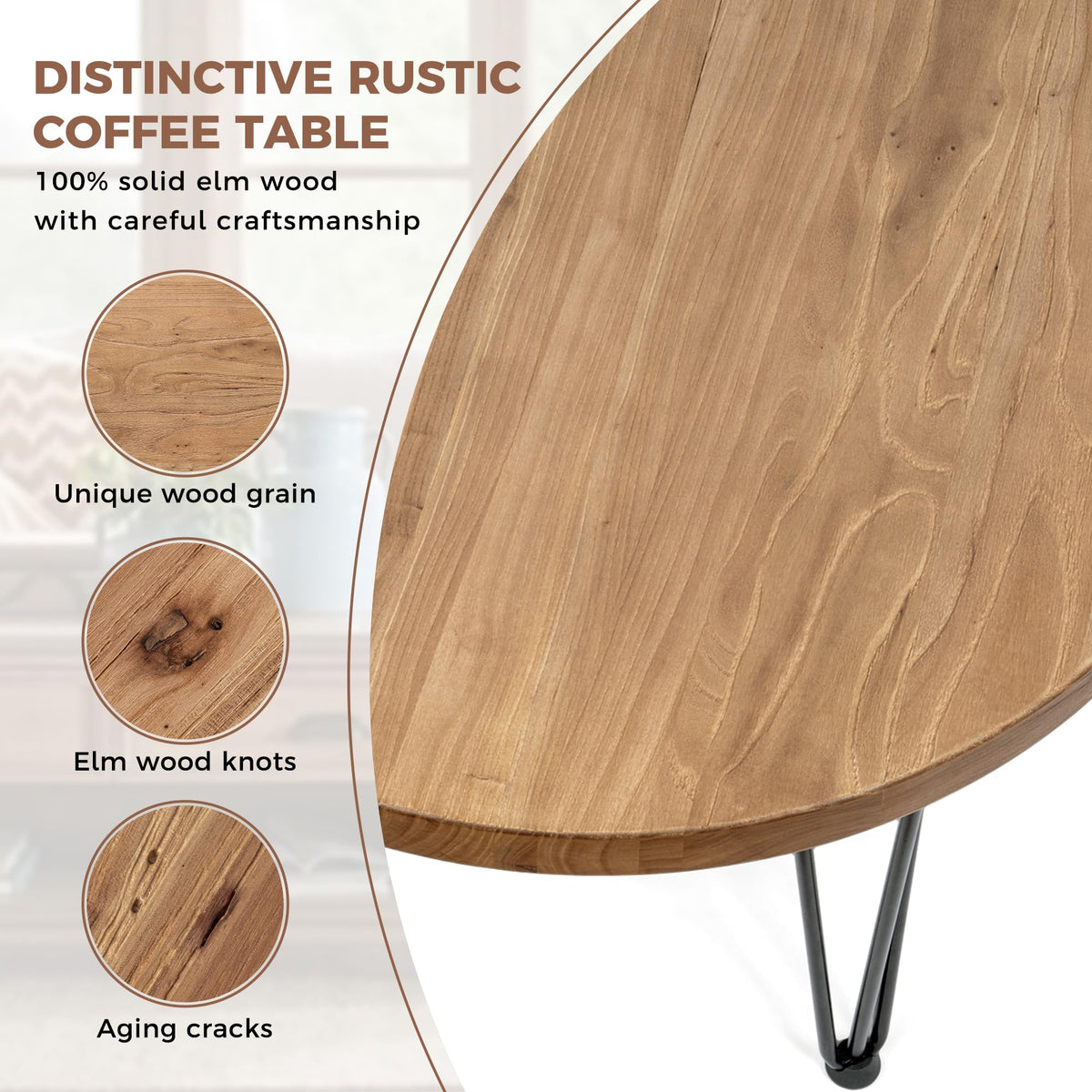 Rustic Wood Round Coffee Table with Metal Legs B658