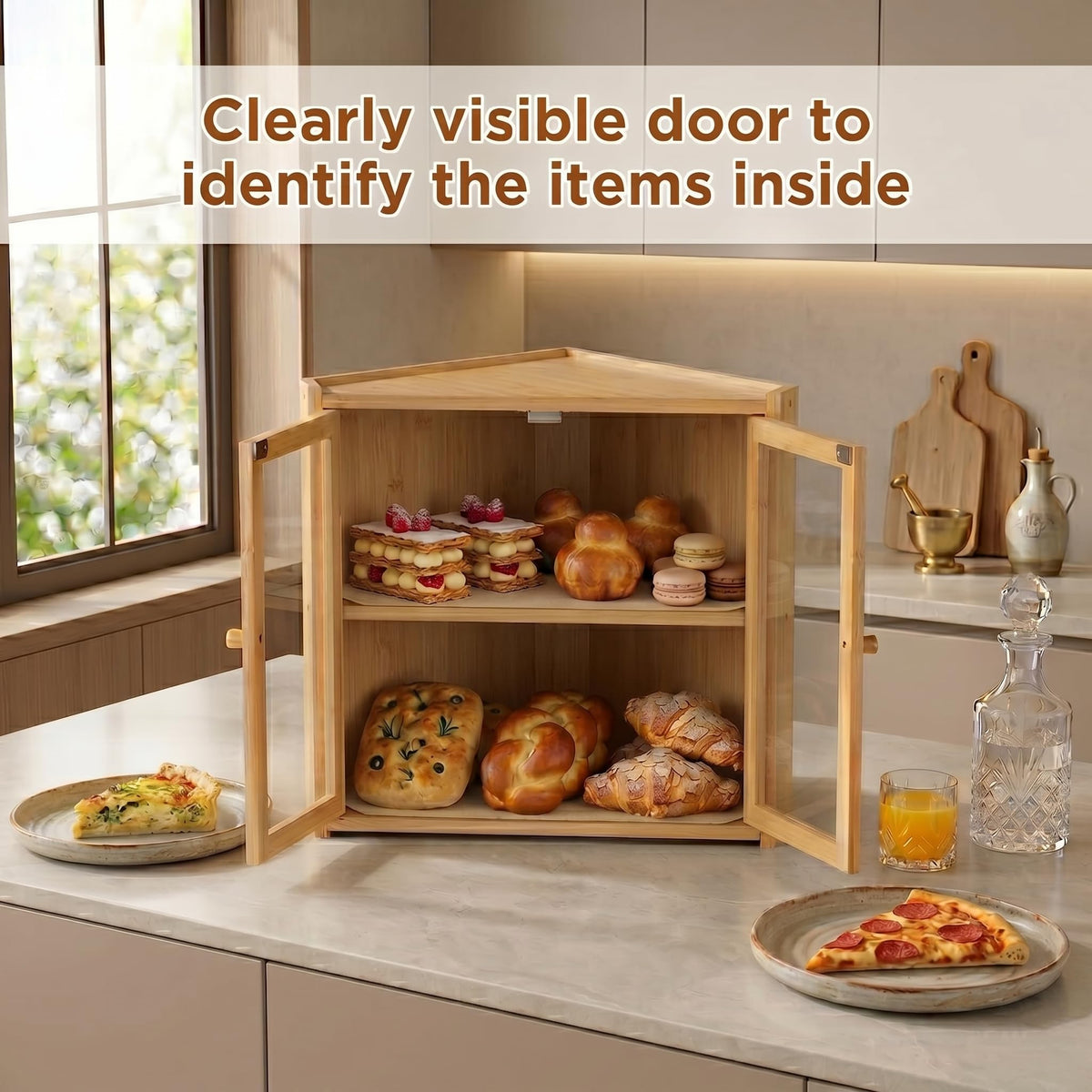 Double Layer Bamboo Bread Box with Clear Windows and Double Doors X243
