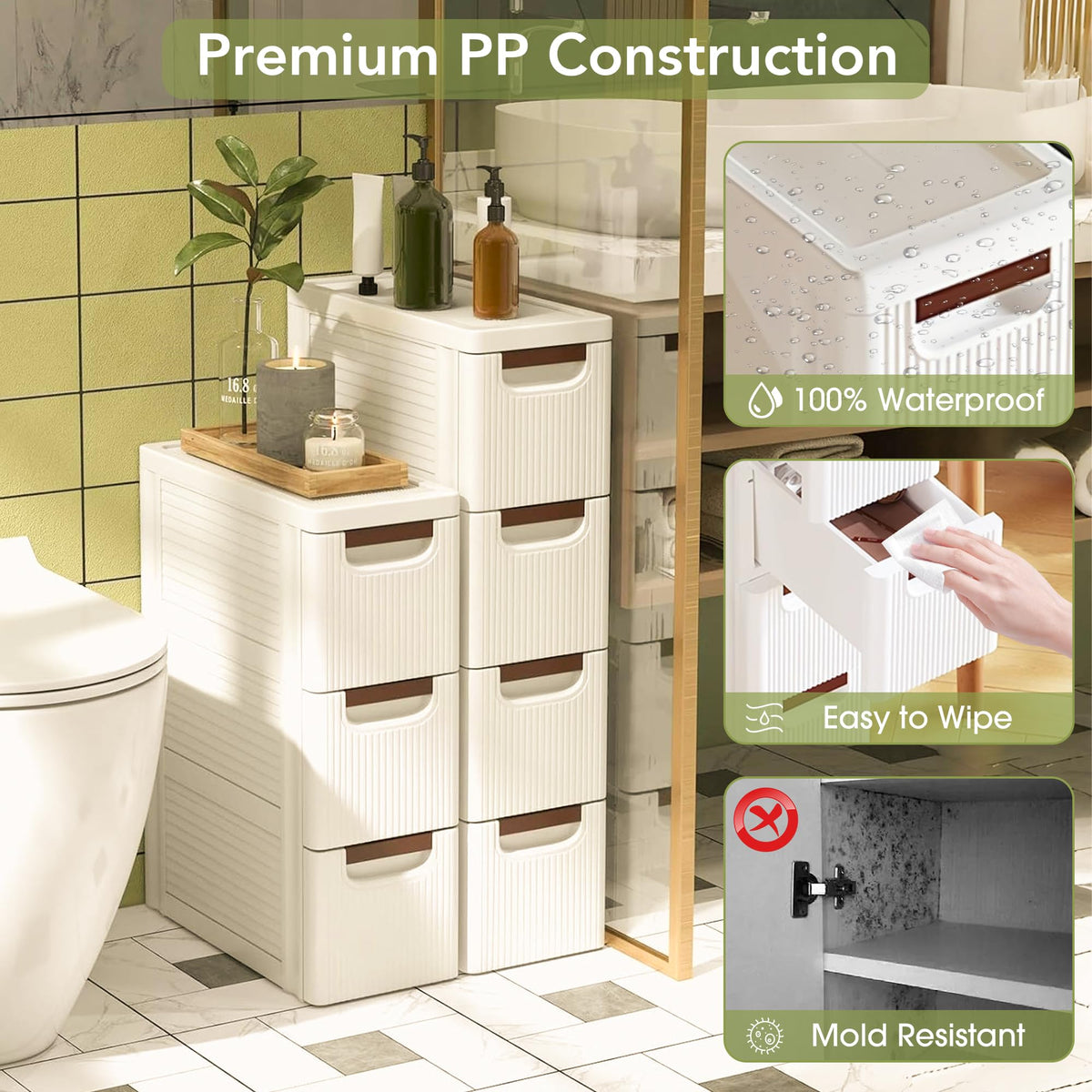 White 3 Drawers Narrow Plastic Bathroom Storage Cabinet D672298