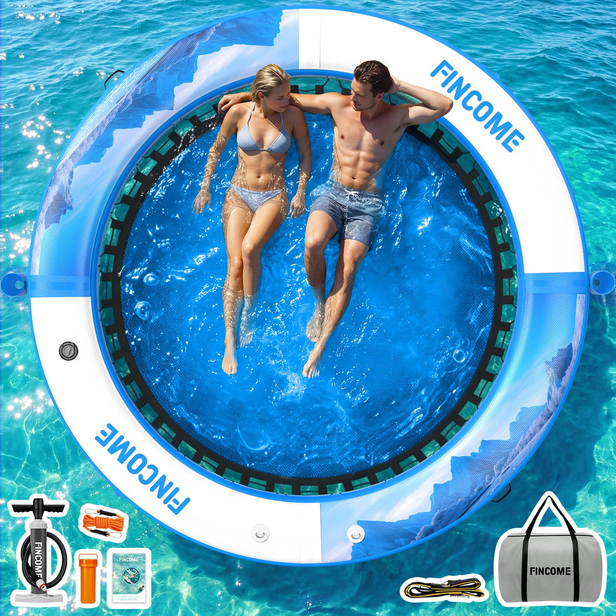 Inflatable Water Hammock Floating Dock 8FT Round with Water Ladder and Cup Holder Light Blue V595442