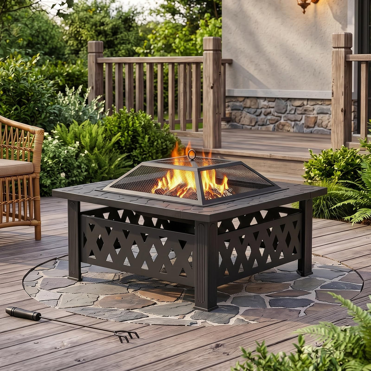 32 Inch Square Wood Burning Fire Pit Table with Spark Screen and Fire Poker N404606