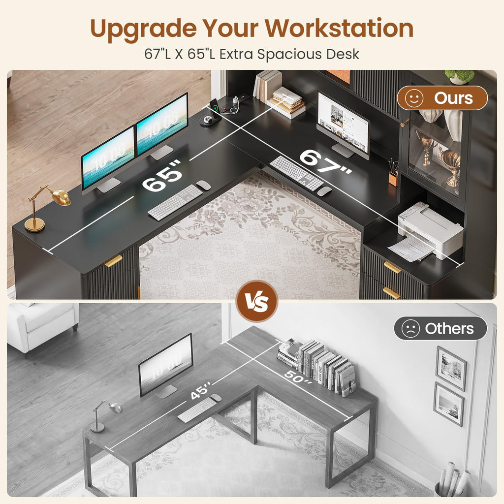 67" L Shaped Desk with Hutch and Power Outlets, Black W384475