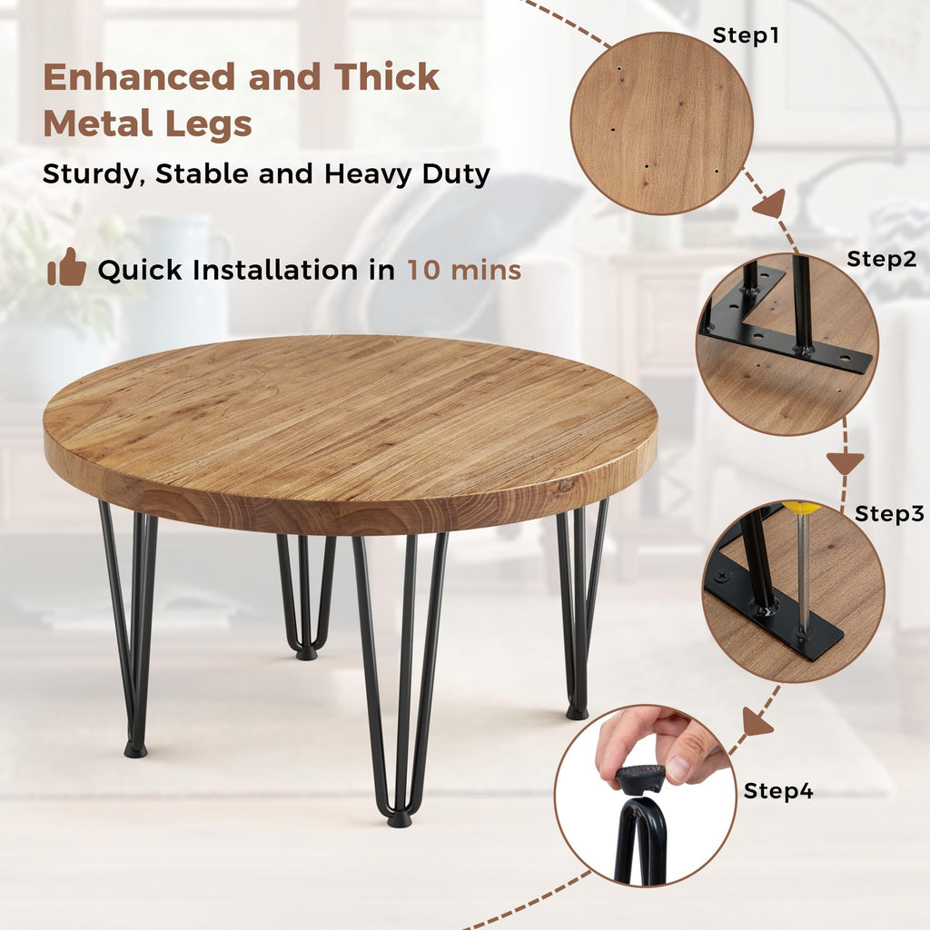 Rustic Wood Round Coffee Table with Metal Legs B658